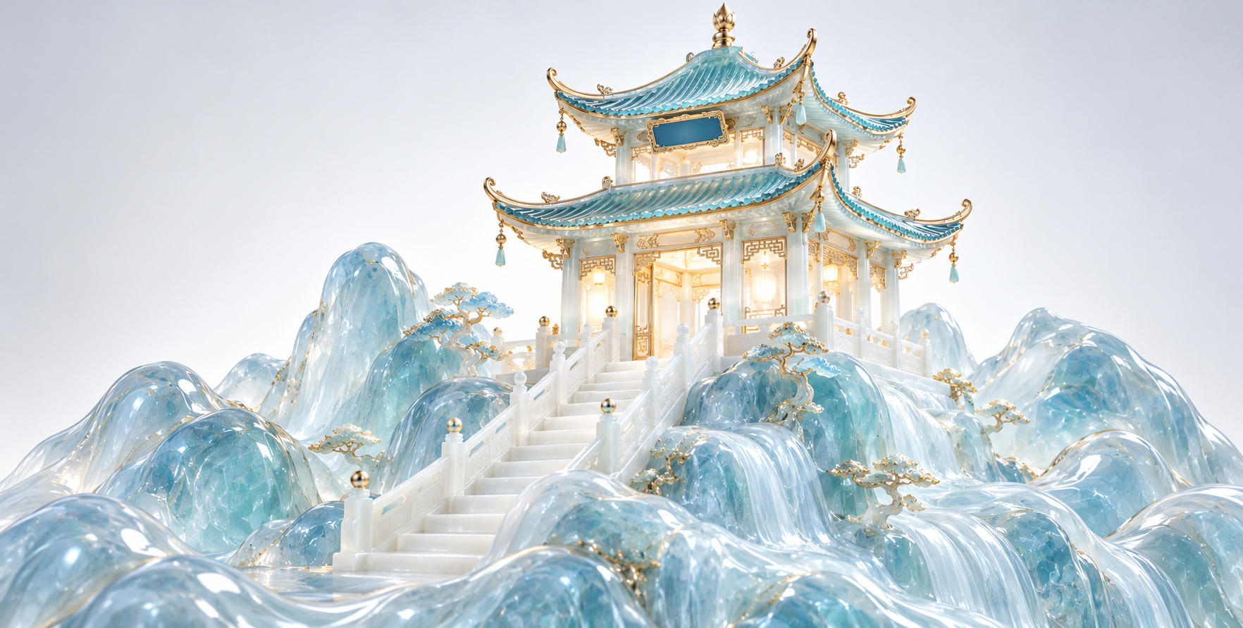 冰玉玻璃三重飞檐亭台微缩艺术 — AI image creation
