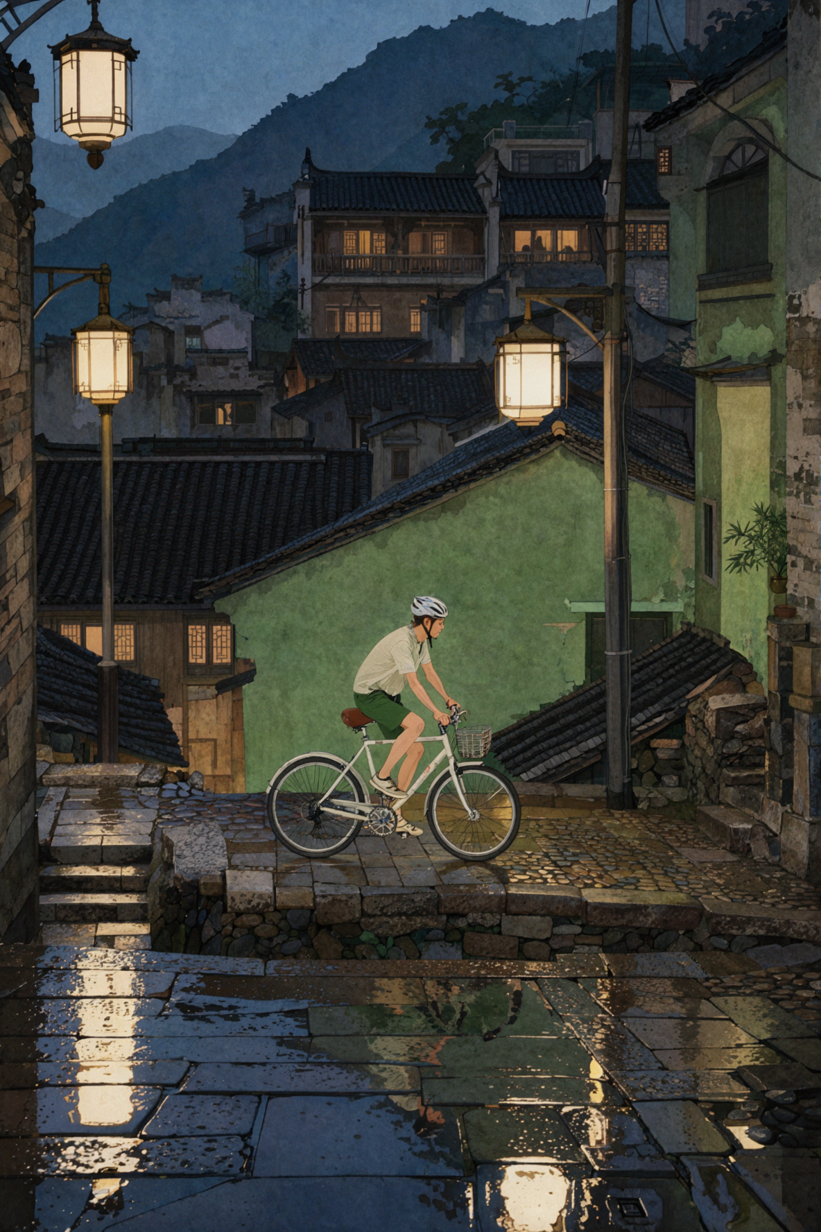 山城の夜の騎行・宋式工筆