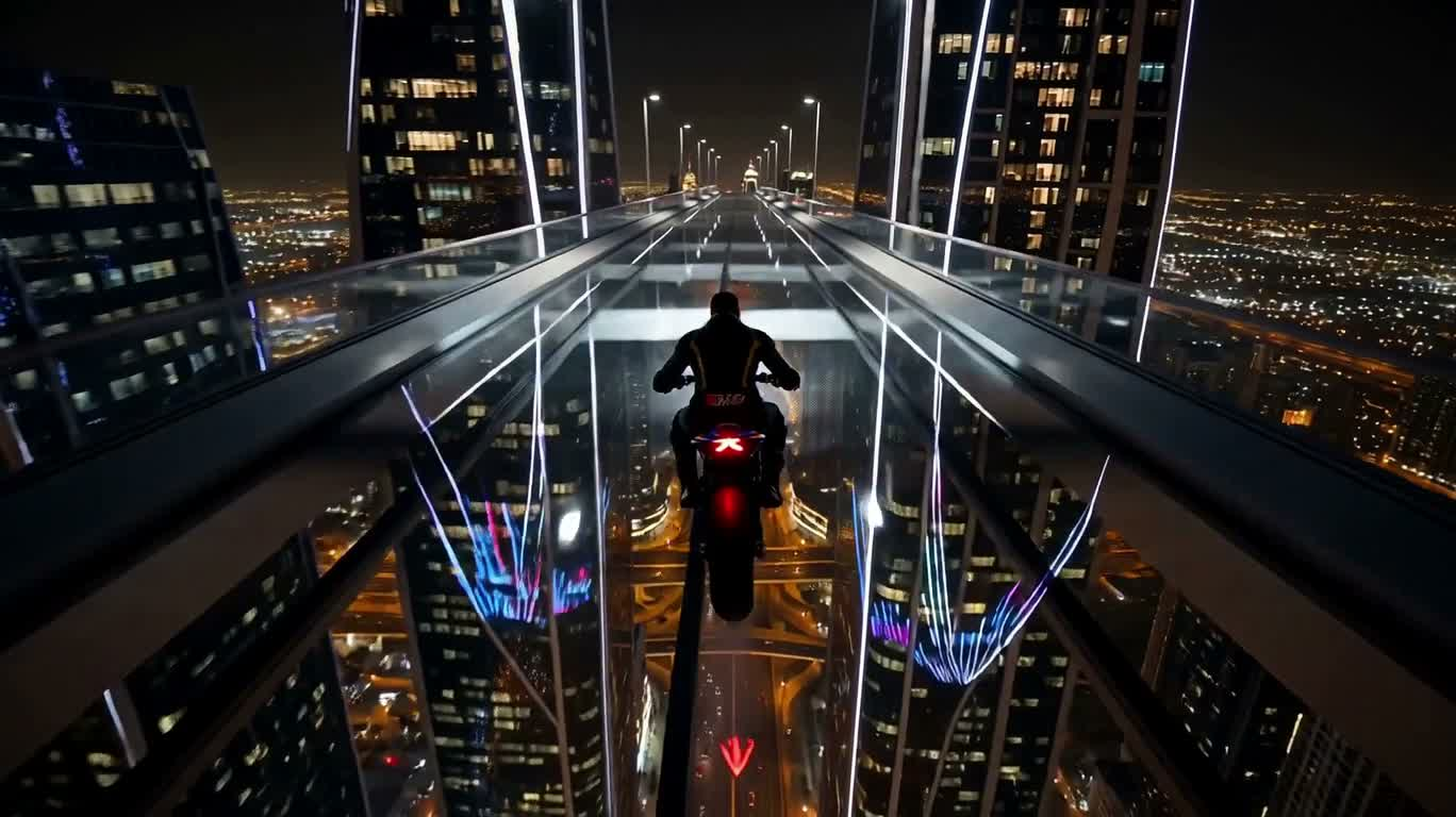 夜幕天桥飞驰：摩托车城市极限 stunt — AI video creation