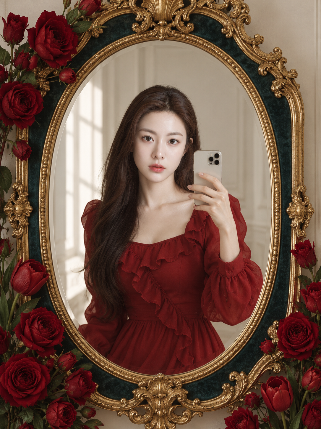 红花环绕的巴洛克金框镜中自拍 — AI image creation