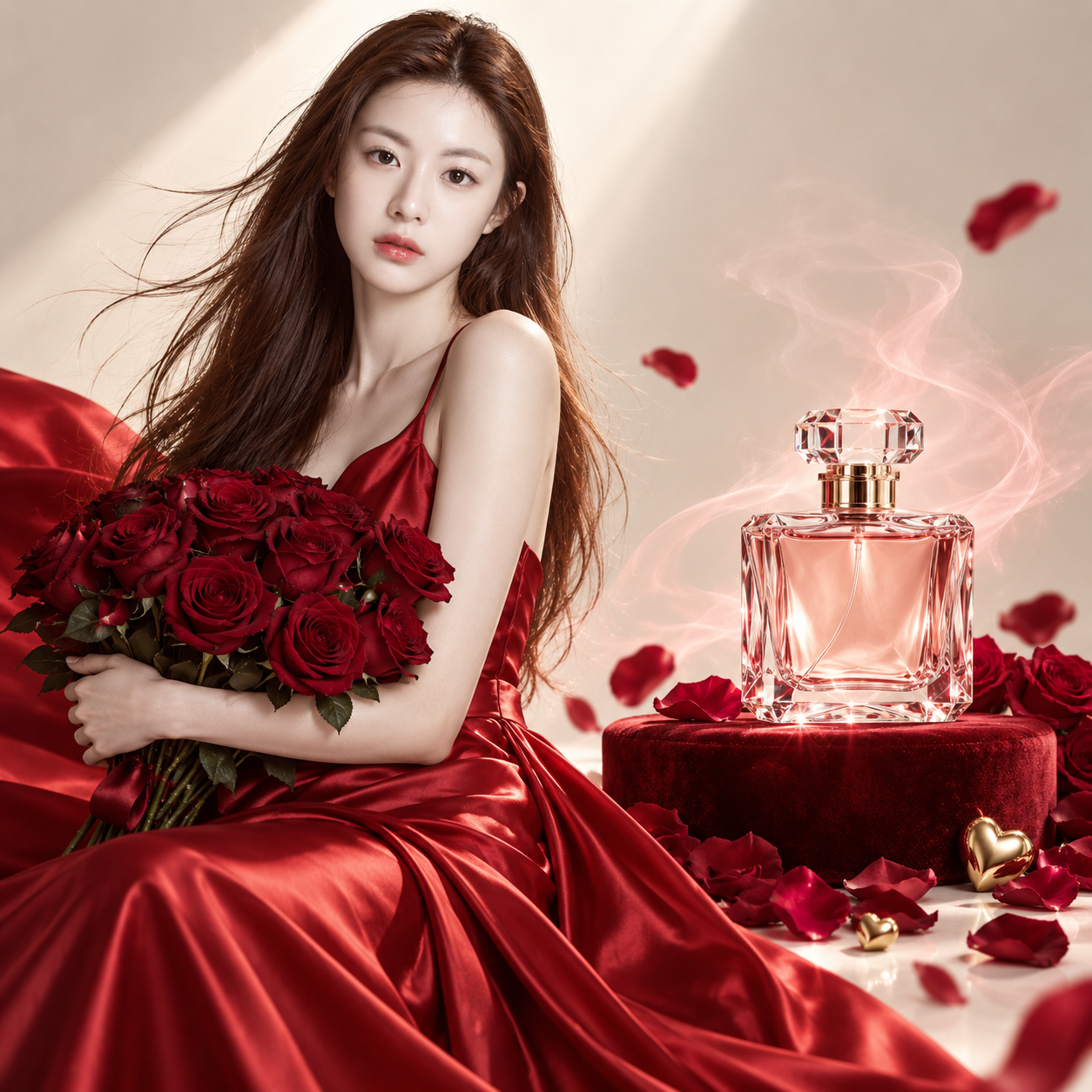 红丝绒玫瑰情人节香水广告 — AI image creation