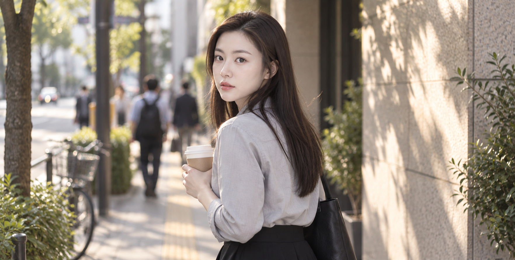 东京街头持咖啡的优雅成年女性 — AI image creation