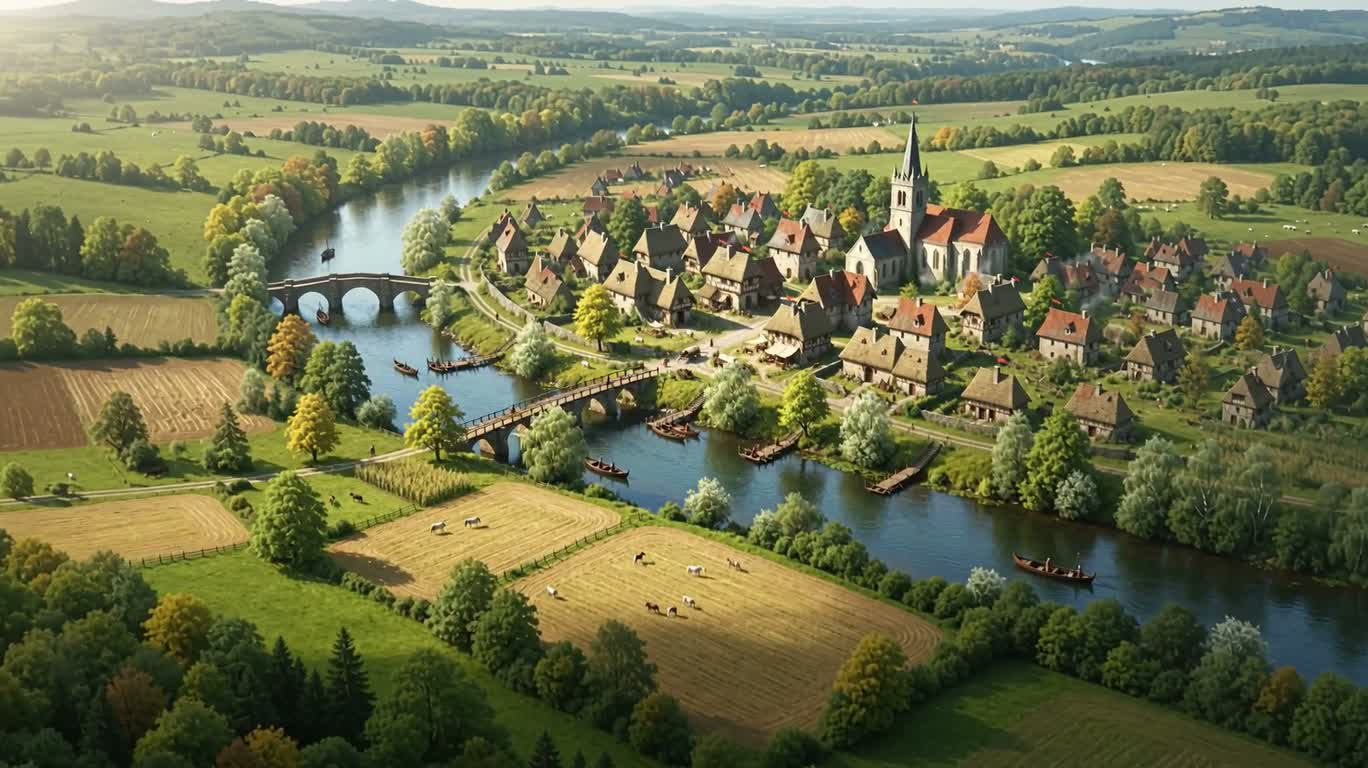 Medieval Village by a Sunlit River