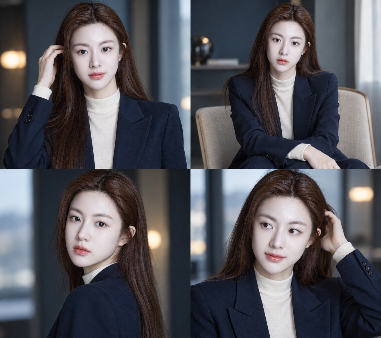 同じ成人女性の4コマ韓国風ファッションポートレート