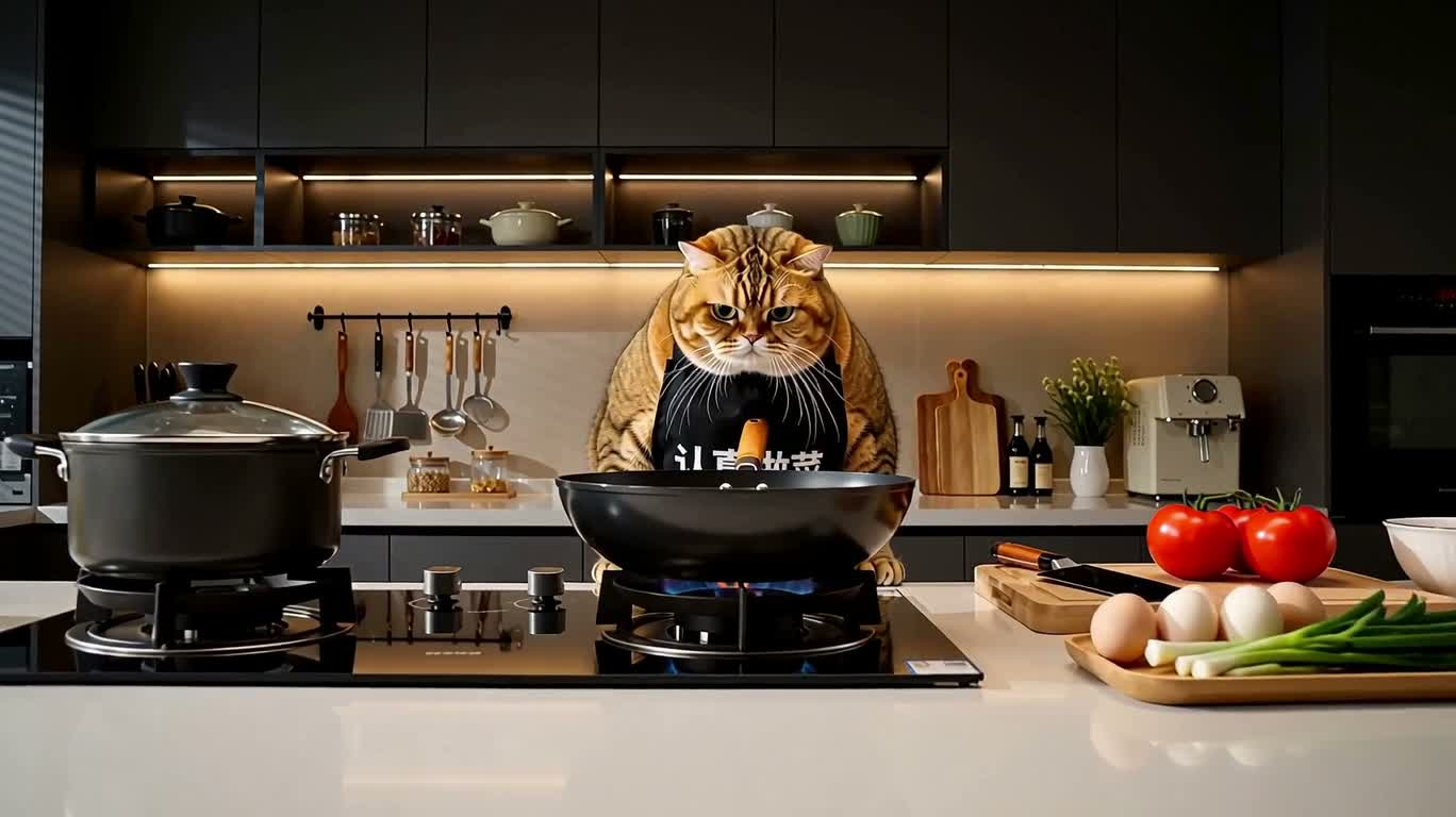 严肃橘猫的番茄炒蛋任务 — AI video creation