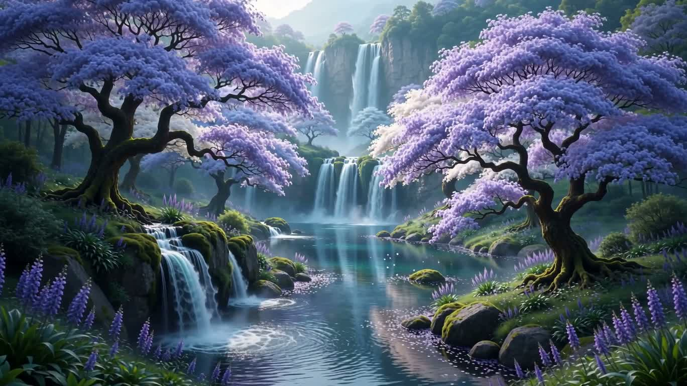 靛蓝花树瀑布秘境 — AI video creation
