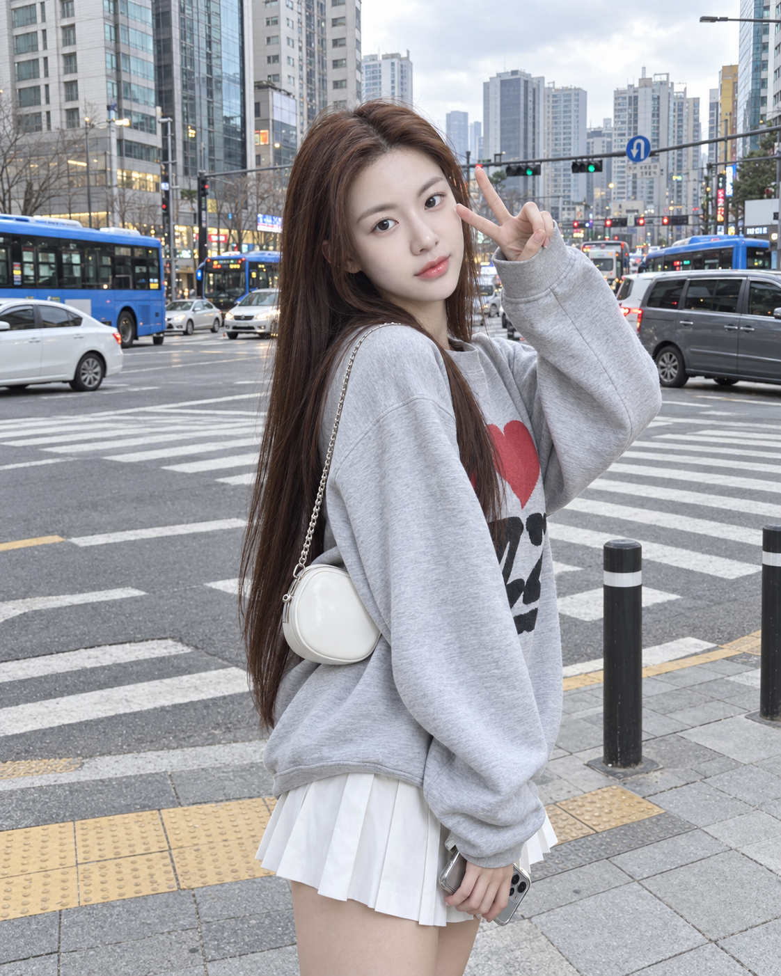 成年女性韩国都市路口V手势休闲街拍