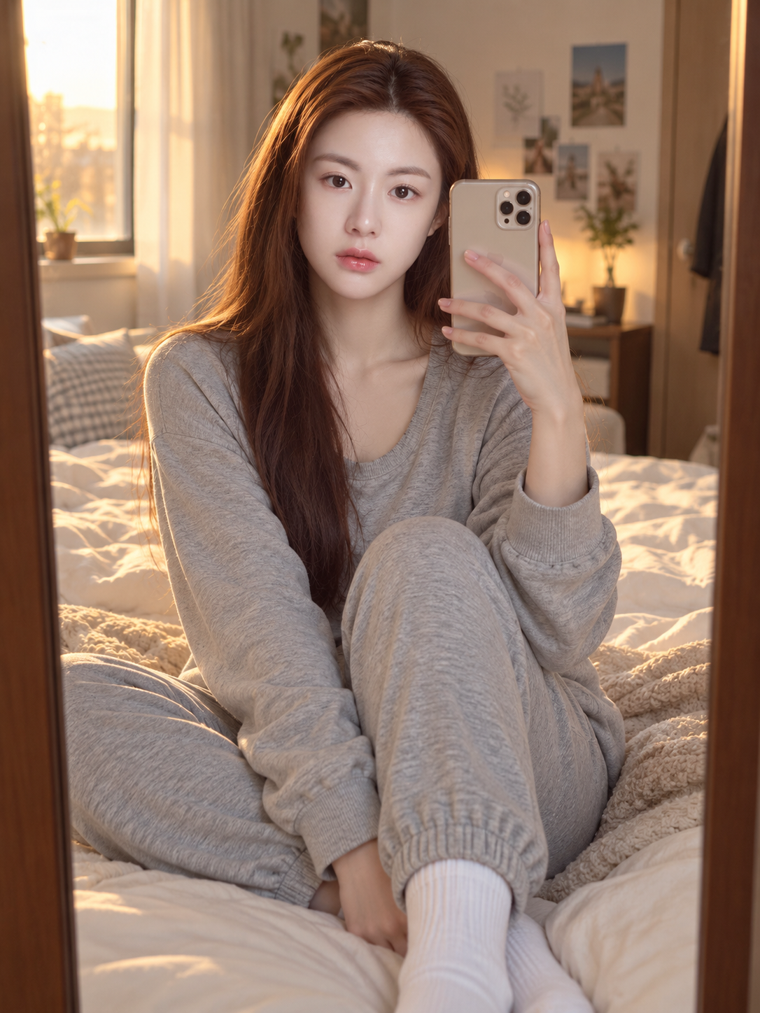 温馨卧室里的成年女性镜前自拍 — AI image creation