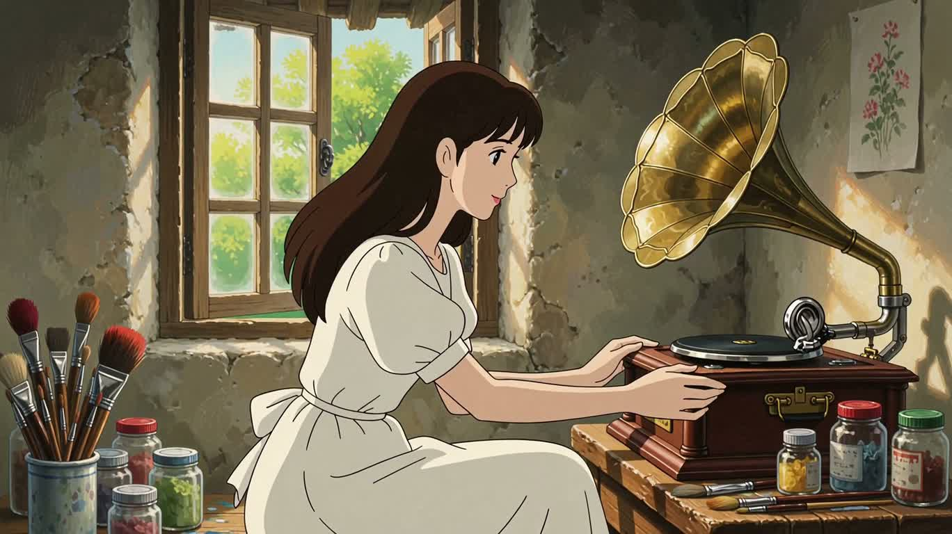阳光画室里的唱片、茶与蓝色画笔 — AI video creation
