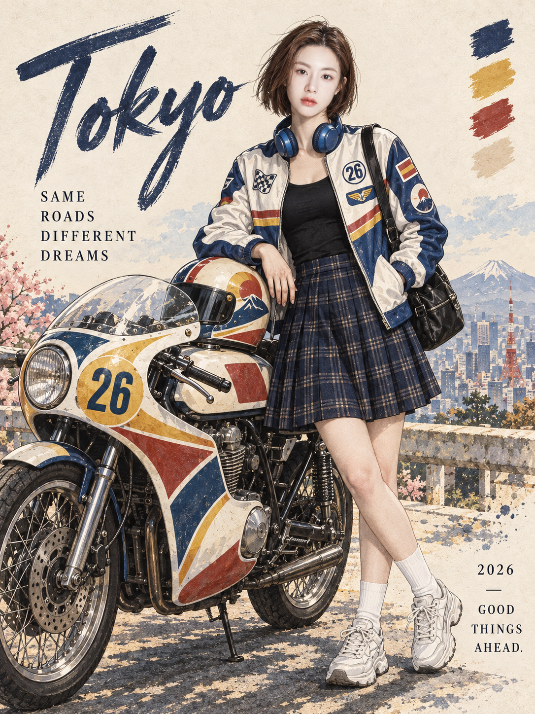 Minh họa áp phích du lịch đua xe cổ điển Tokyo