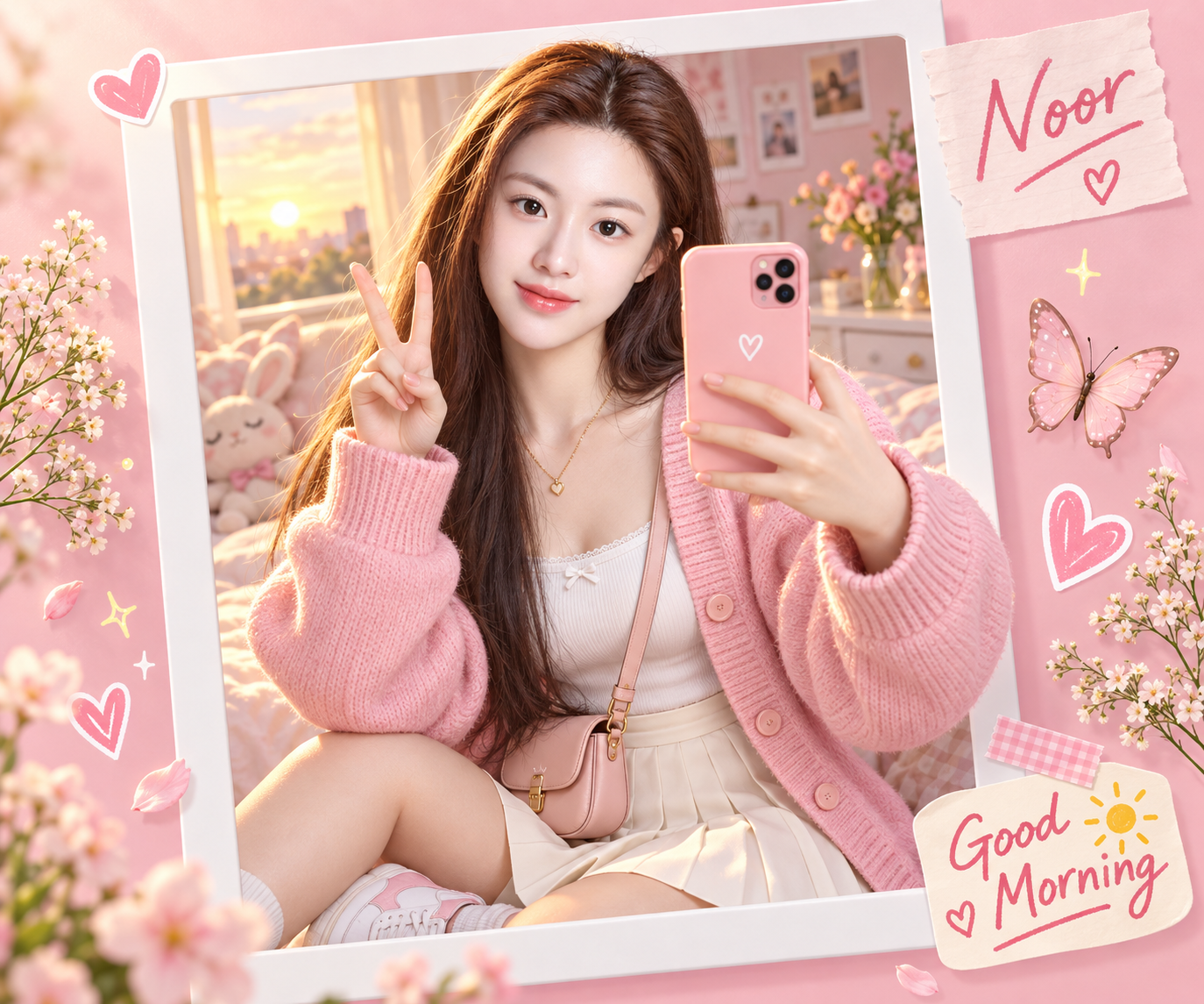 Minh họa 3D selfie buổi sáng hồng dựa trên danh tính tham chiếu