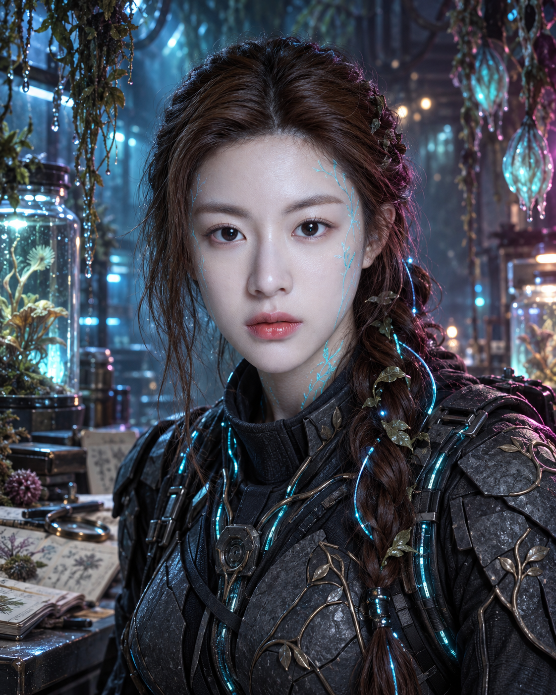 幽蓝荧光植物实验室中的成年档案员 — AI image creation
