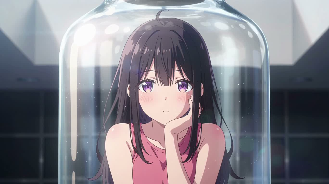 Jeune fille anime souriante dans une bouteille — AI video creation