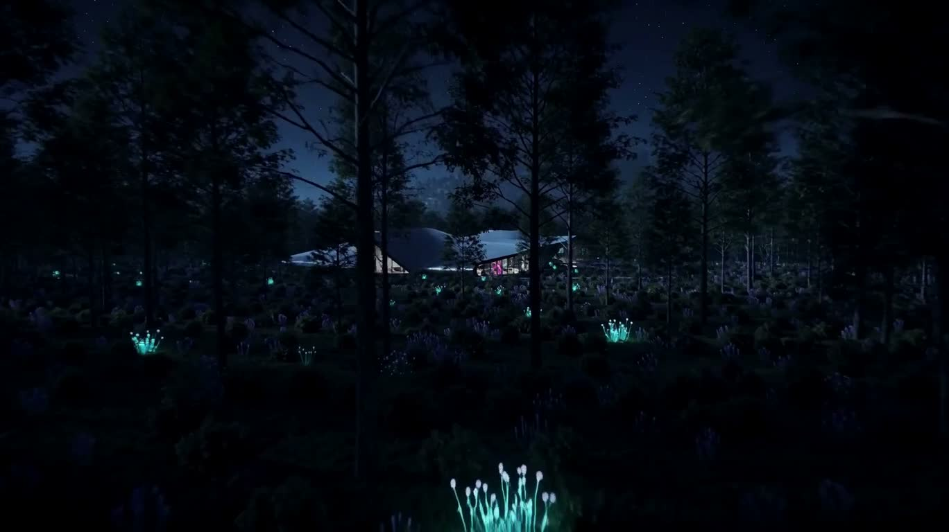 夜幕下的异境玻璃牧场建筑