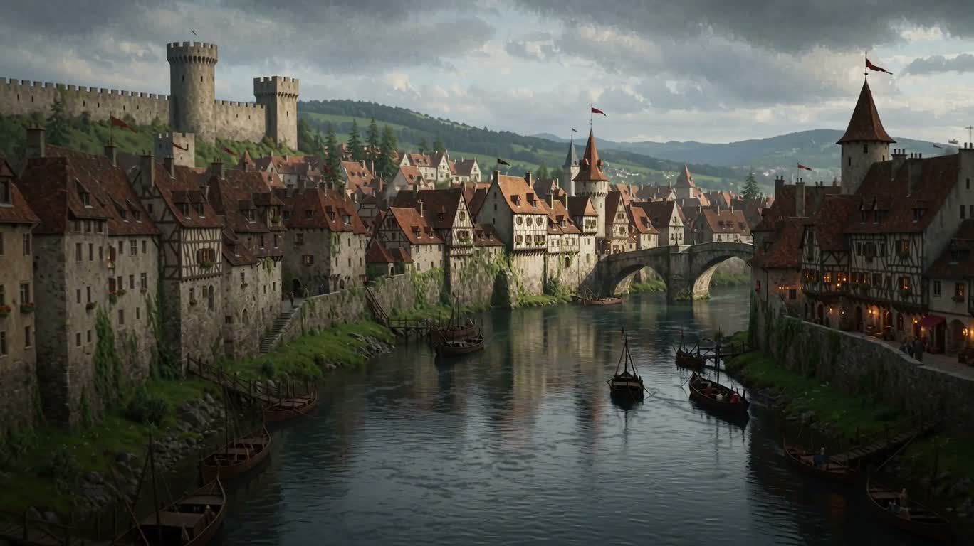 Medieval Fantasy Town by a Rainy River
