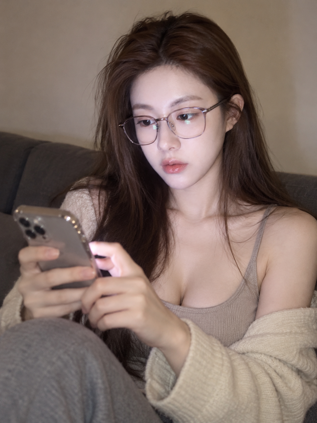 日常快照风格室内成年女性玩手机人像 — AI image creation