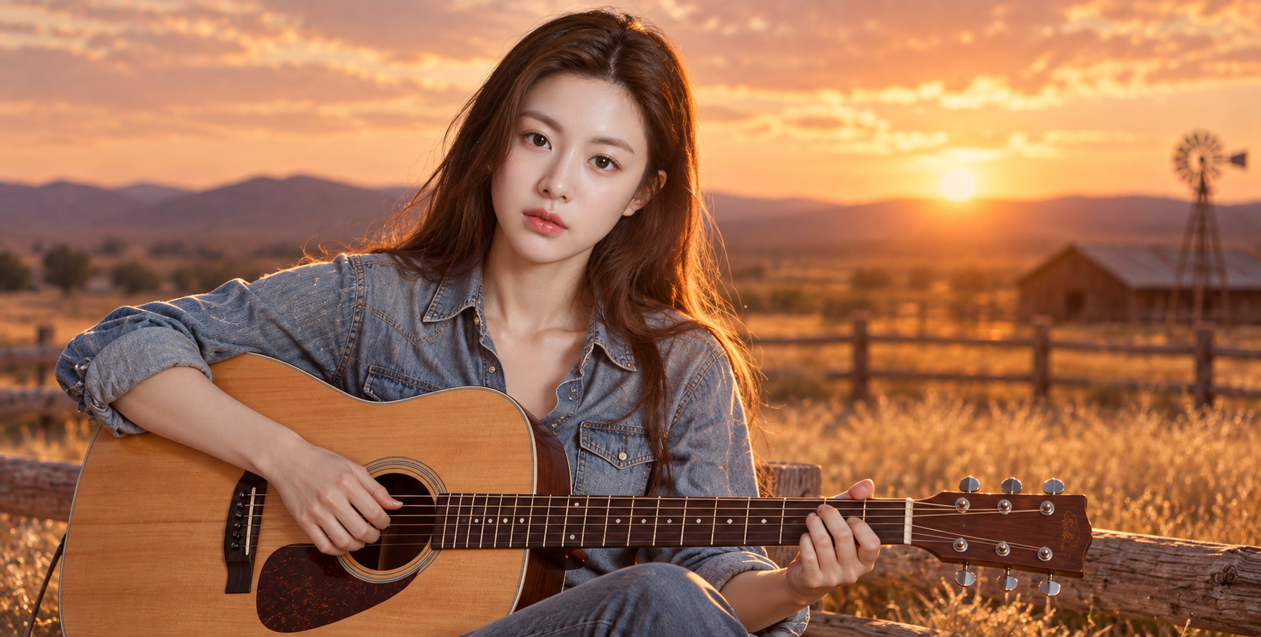 夕阳下牧场弹奏吉他的乡村民谣歌手 — AI image creation