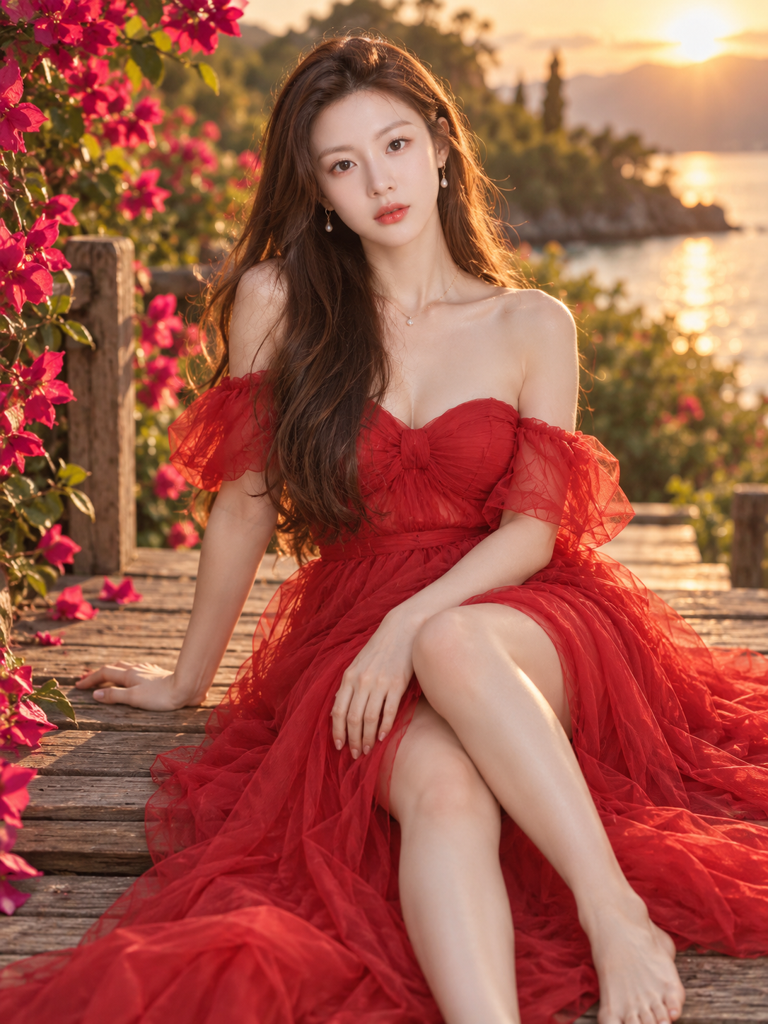 绯红薄纱长裙女神的黄昏丛林大片 — AI image creation