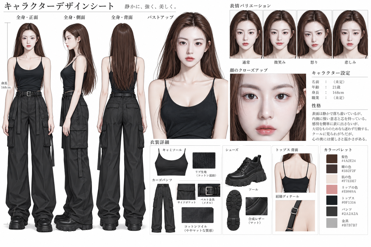 高细节角色设定图与四视图表情拆解 — AI image creation