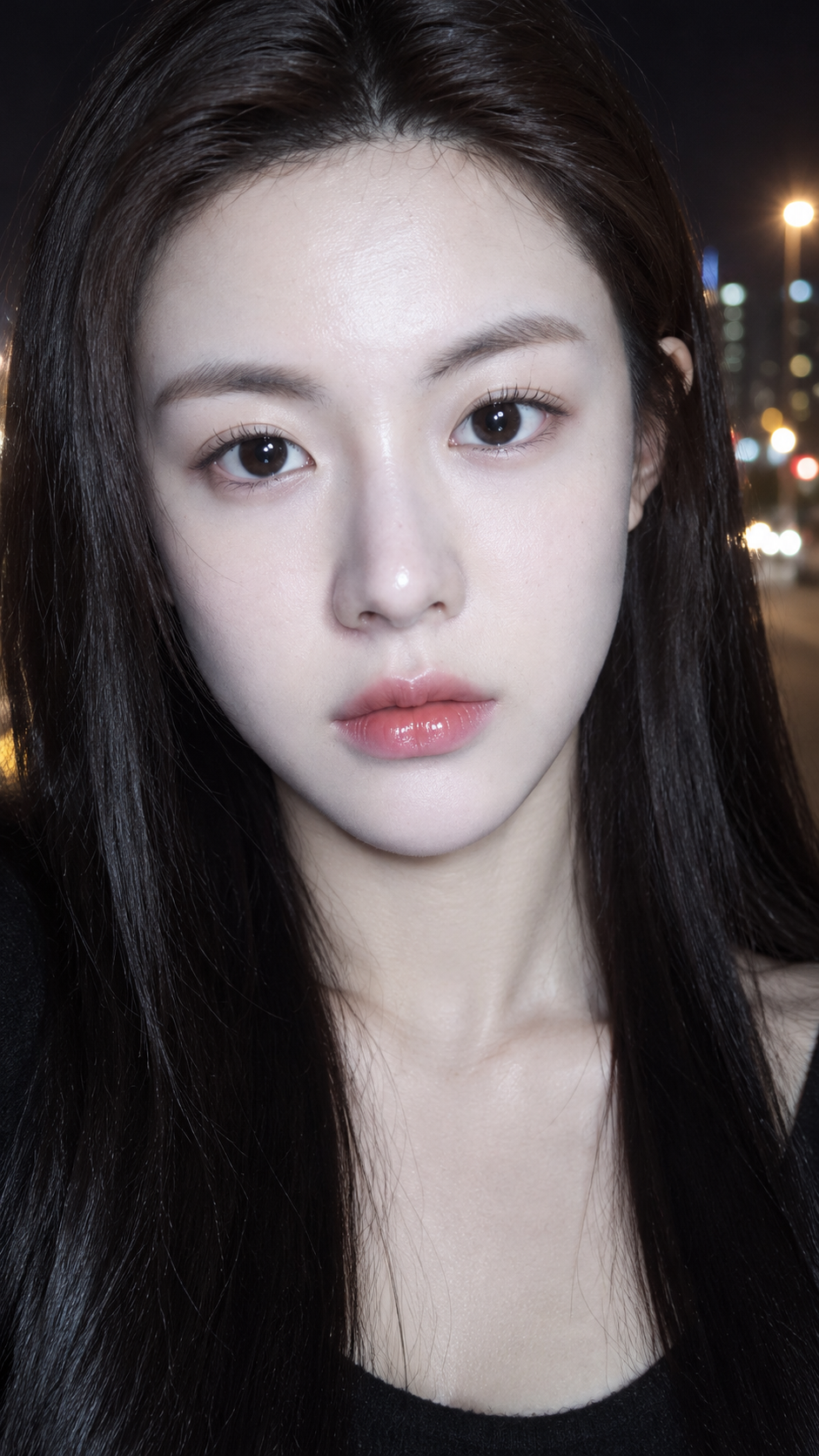 Selfie glamour d'une femme adulte dans une nuit urbaine claire