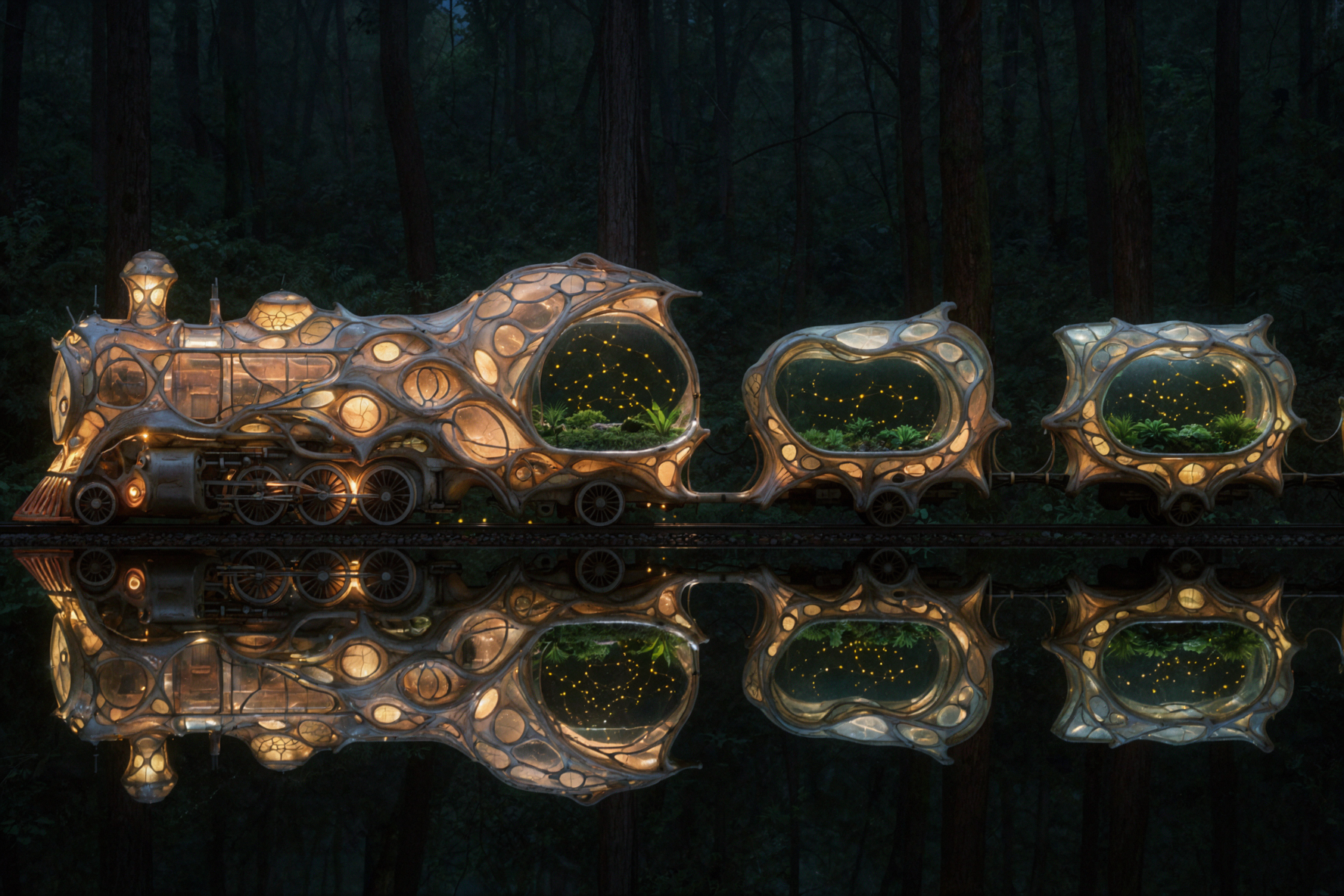 Le train des lucioles · Créatures du futur — AI image creation
