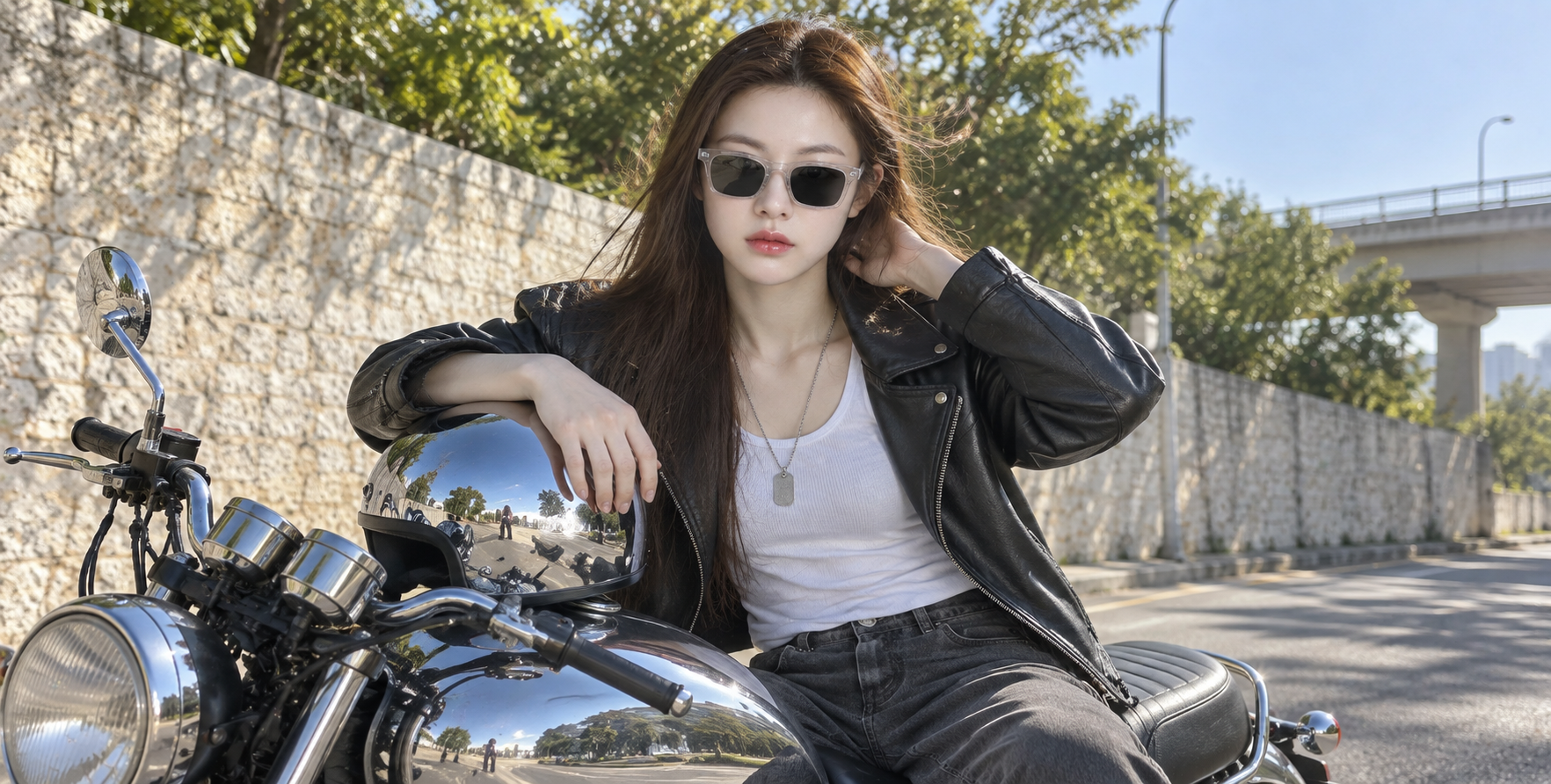 清晨镀铬复古摩托车人像 — AI image creation