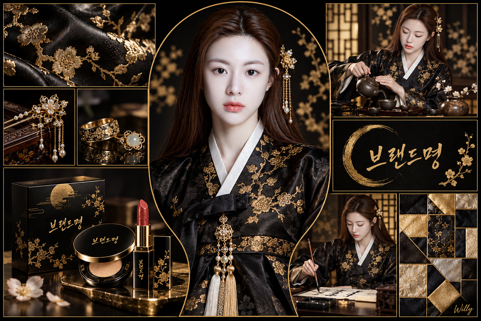黑金韩服品牌触点环绕式视觉拼贴 — AI image creation