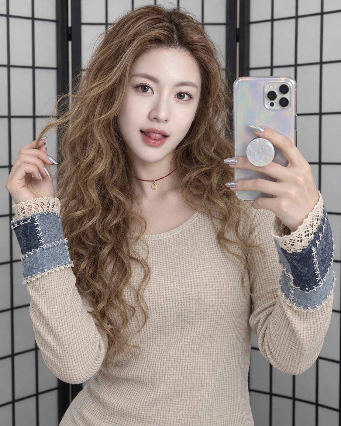 黑白格屏前的成年女性卷发镜中自拍 — AI image creation