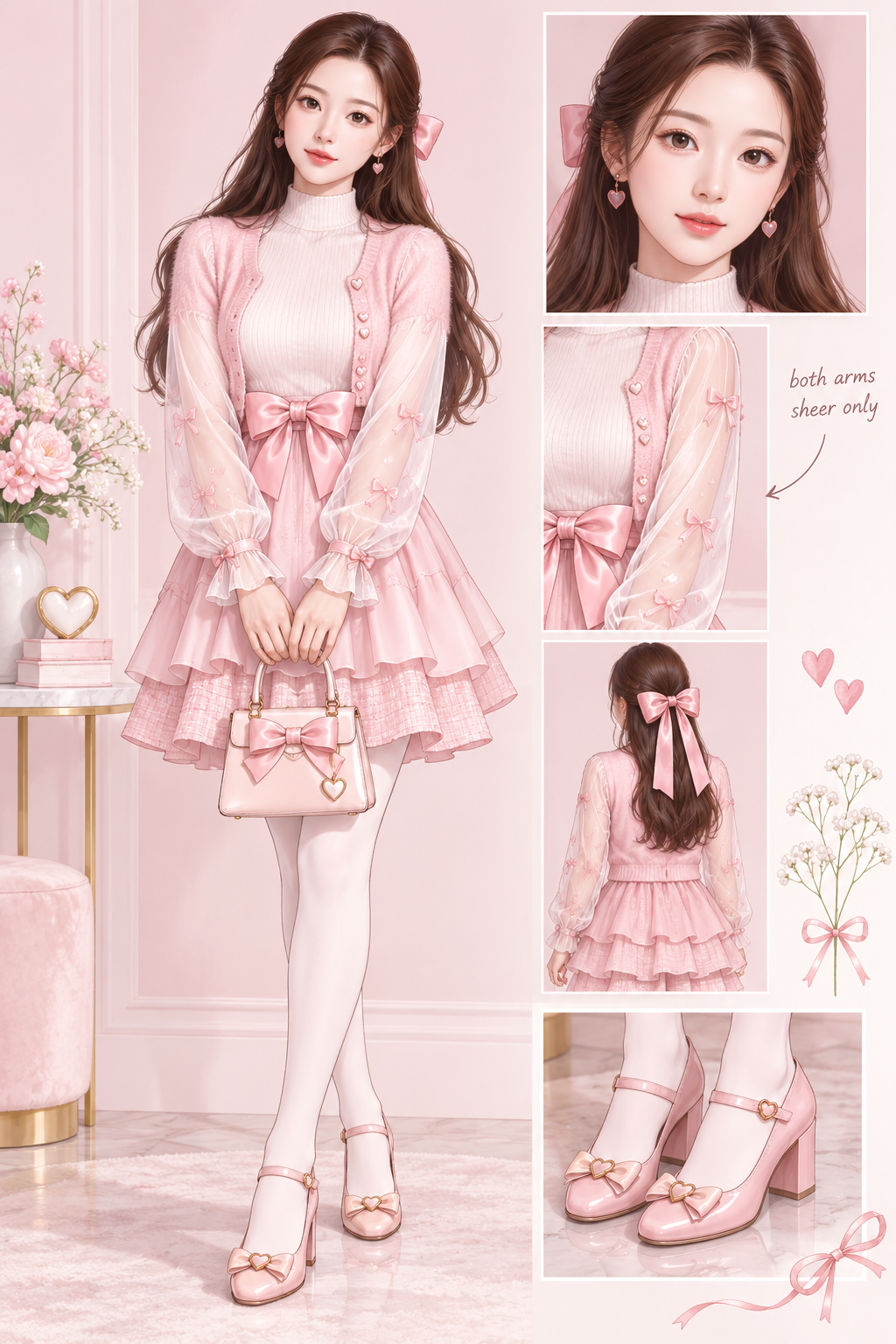 粉色蝴蝶结甜美成年时装插画 — AI image creation