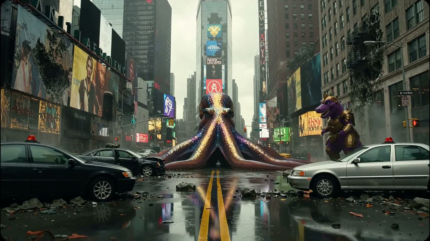 末世时代广场的章鱼皇后对决 — AI video creation