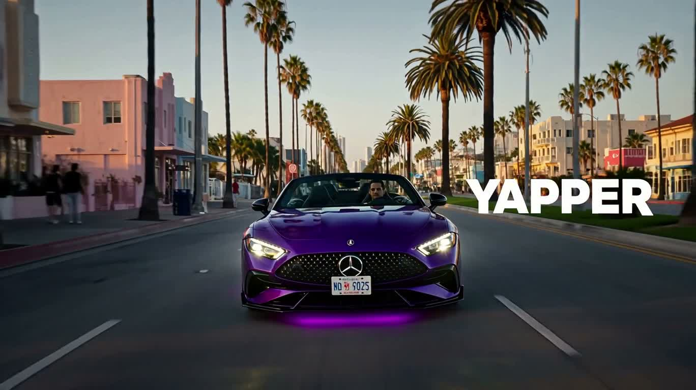 夕阳海滨公路上的紫色敞篷车 — AI video creation
