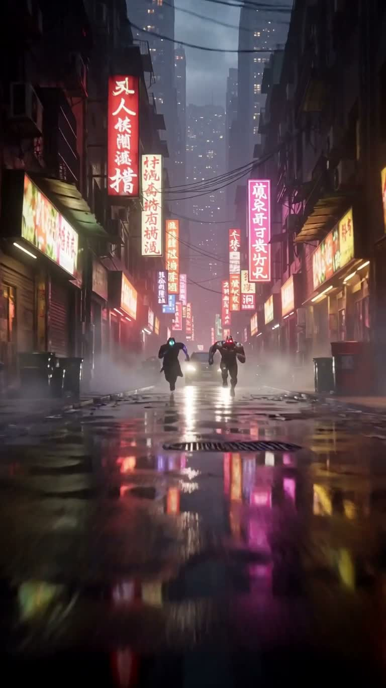 霓虹雨巷的赛博决战 — AI video creation