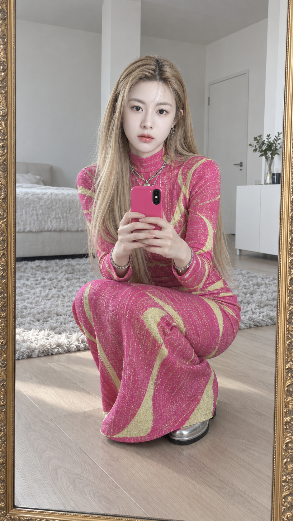 成年女性亮粉前卫套装镜面自拍 — AI image creation