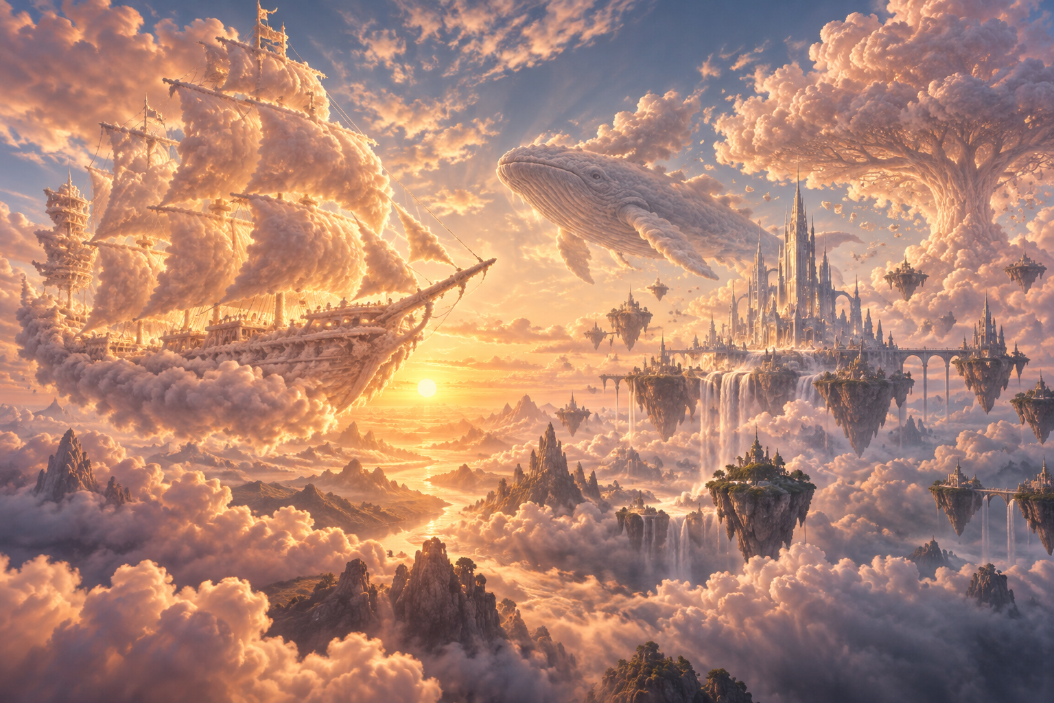 金色落日下的云海帆船与天空之城 — AI image creation