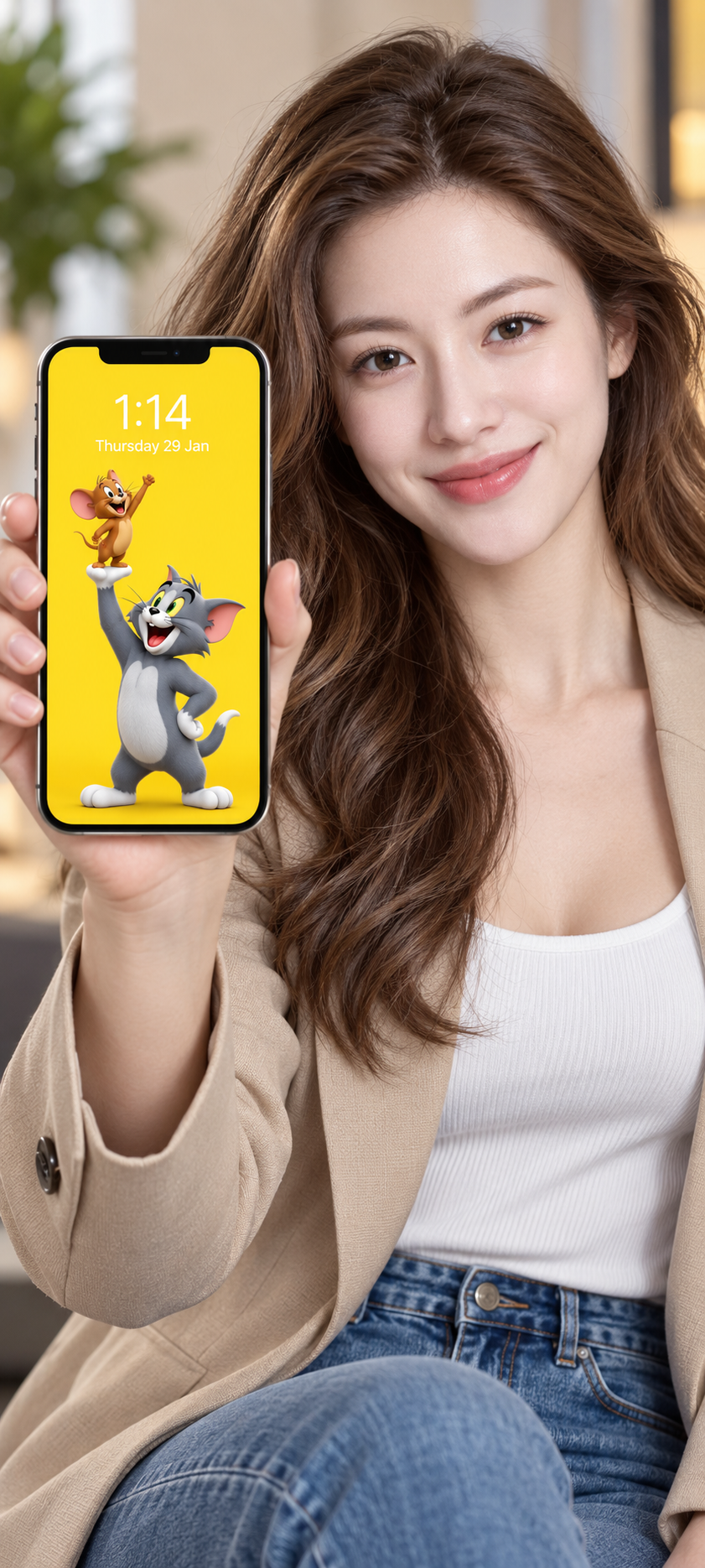 黄色背景上的汤姆与杰瑞手机广告壁纸 — AI image creation