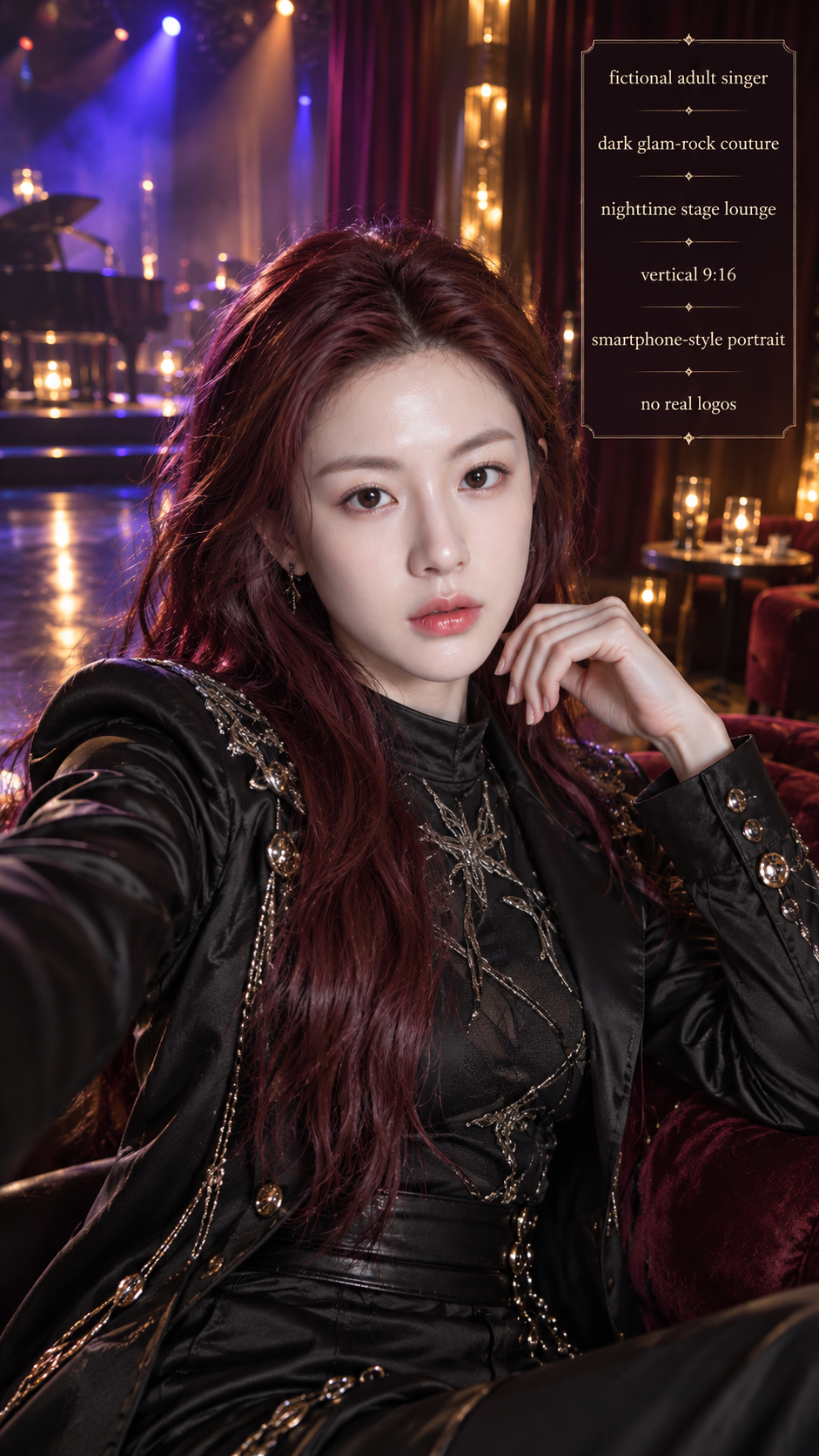 여섯 개의 지정 문구가 있는 가상의 성인 록 가수 무대 초상 — AI image creation