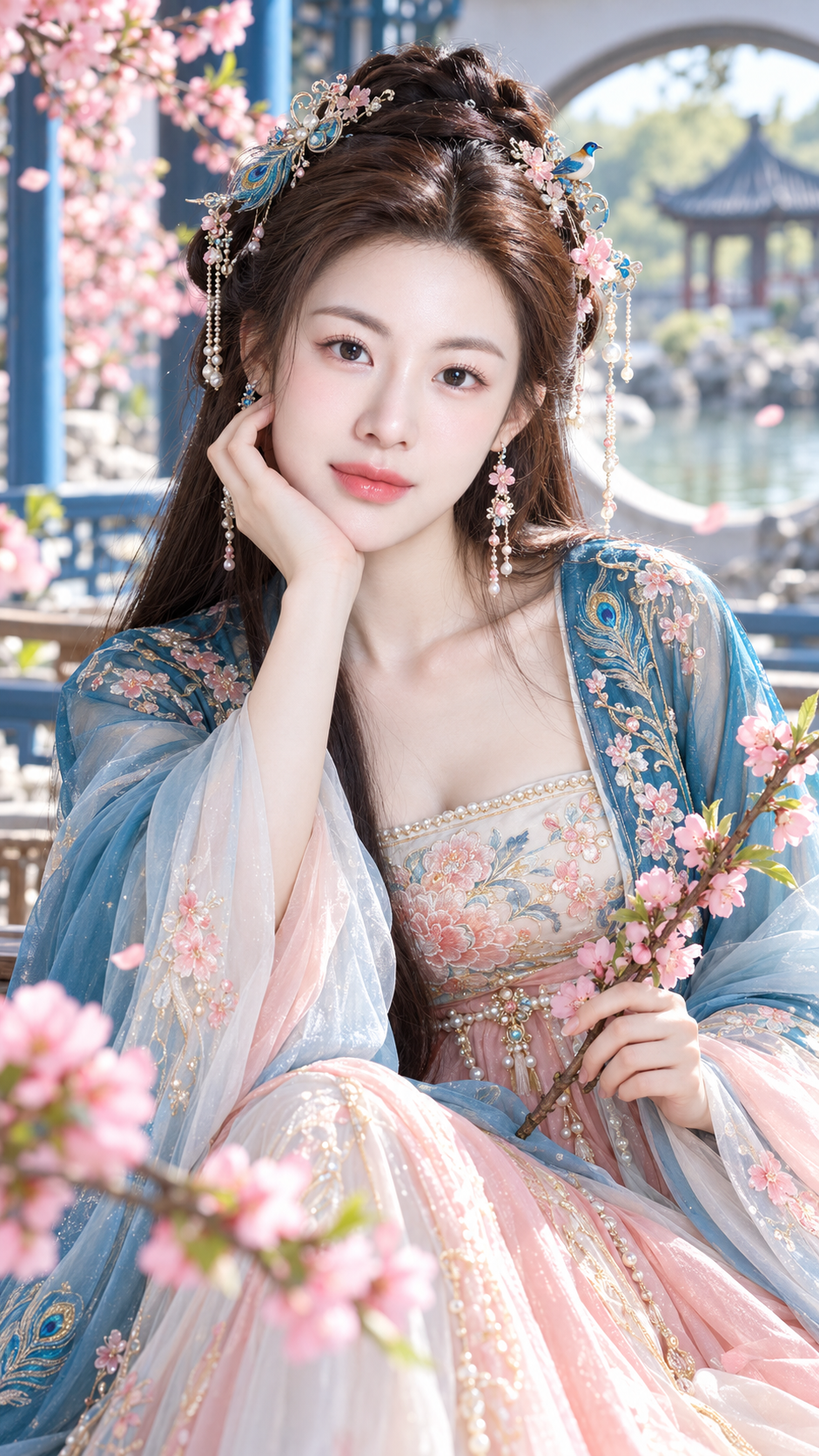 桃花庭院中的蓝粉撞色古风妆造人像