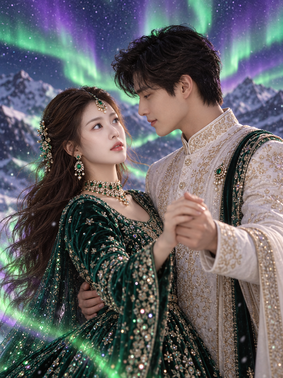 喜马拉雅雪山下的梦幻极光婚纱之舞 — AI image creation