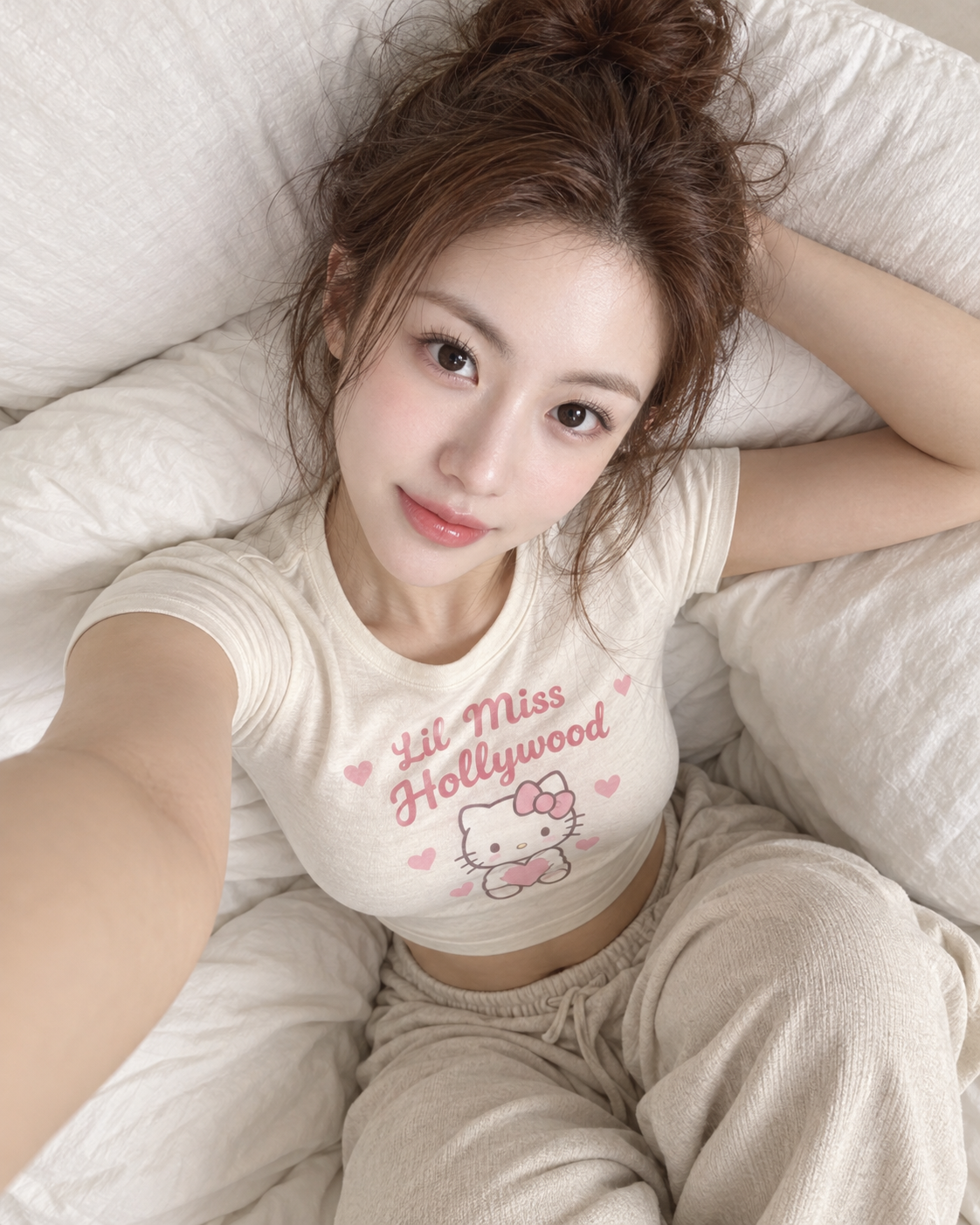 Selfie góc rộng lười biếng tinh nghịch trong nắng ấm trên gối