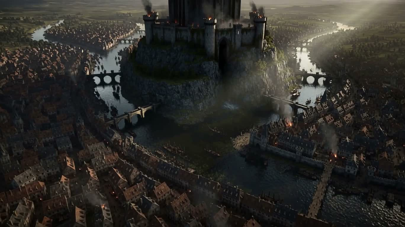 La tour du Roi Sombre suspendue au-dessus de la rivière — AI video creation