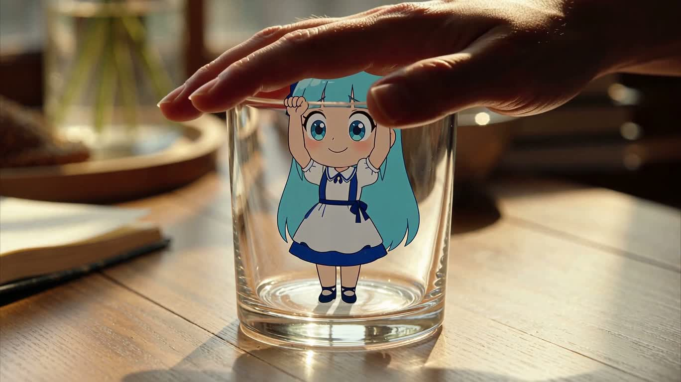 玻璃杯中的二维奇趣互动 — AI video creation