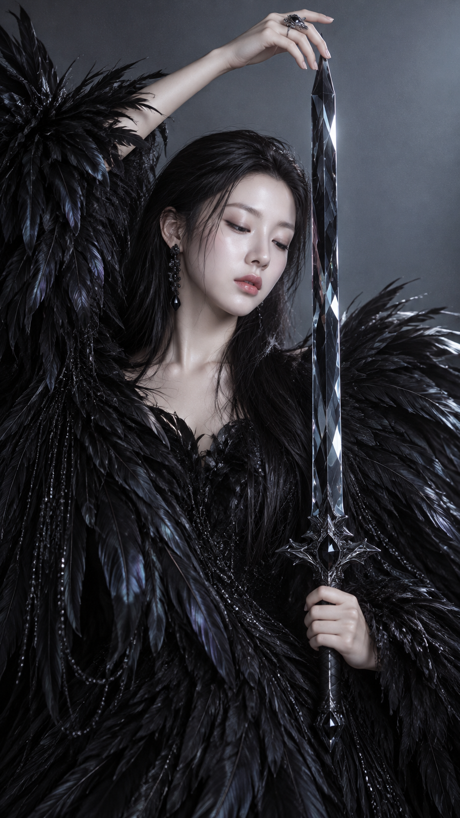 黑羽高定与黑曜石仪式剑人像 — AI image creation