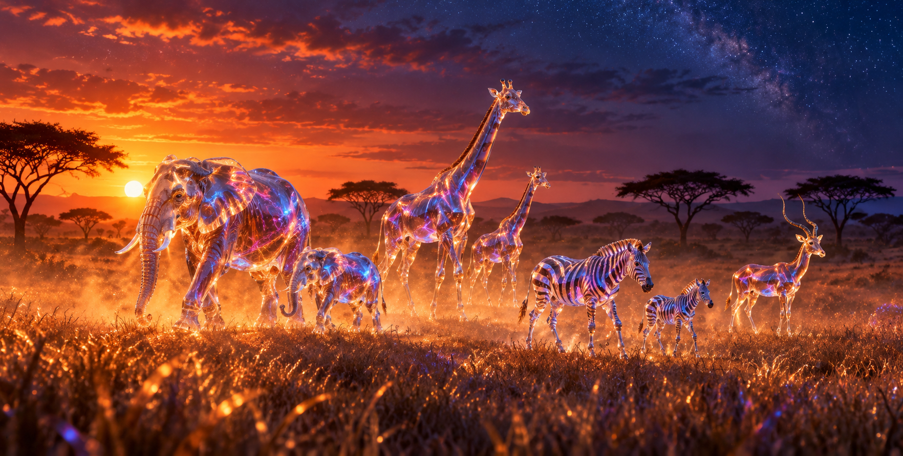 Neon Glass Animals on the African Savanna