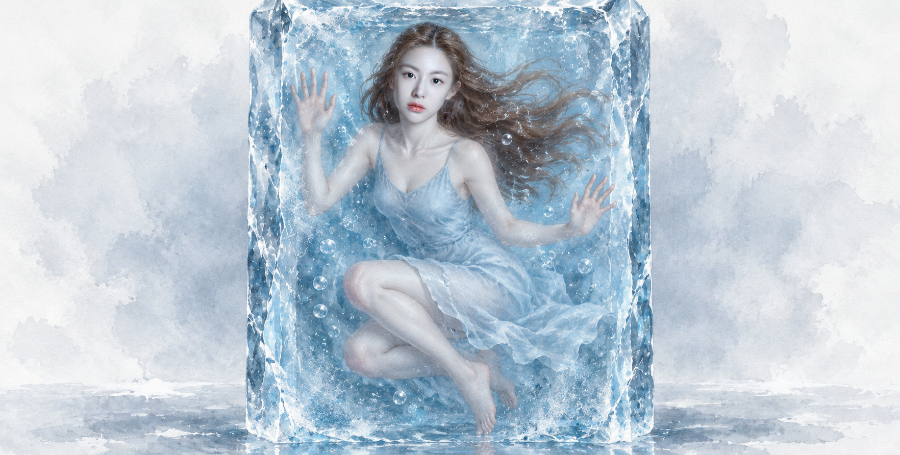 冰块中的成年女性与水彩般的隔绝梦境 — AI image creation