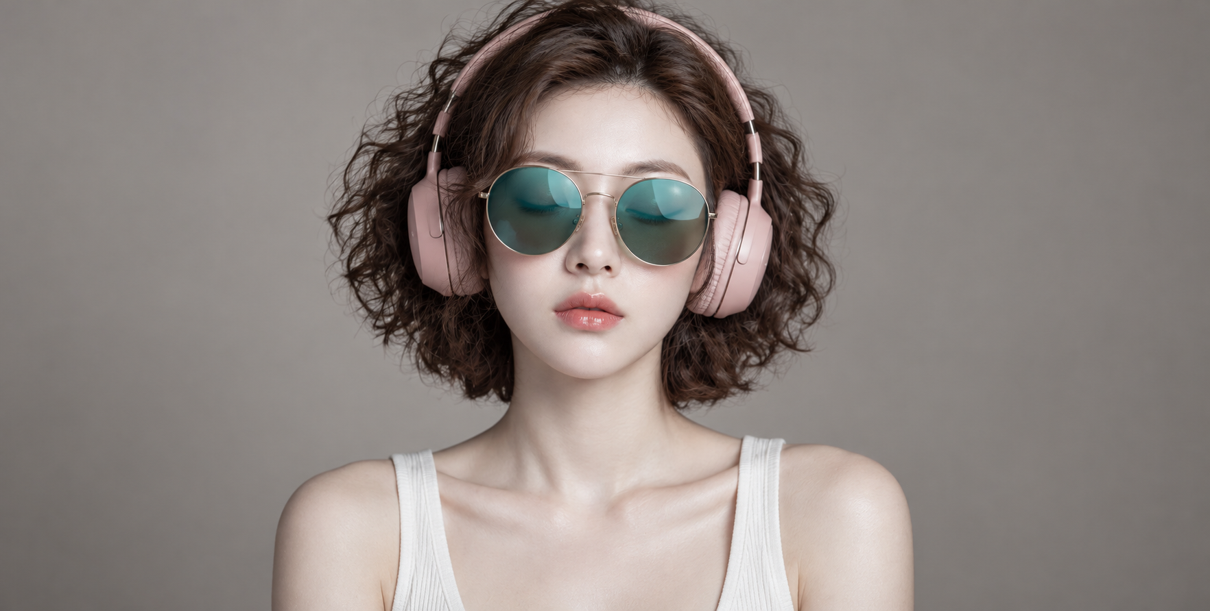 闭眼聆听音乐的卷发时尚肖像
