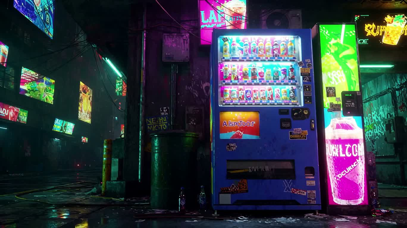 네온 사이버펑크 자판기 — AI video creation