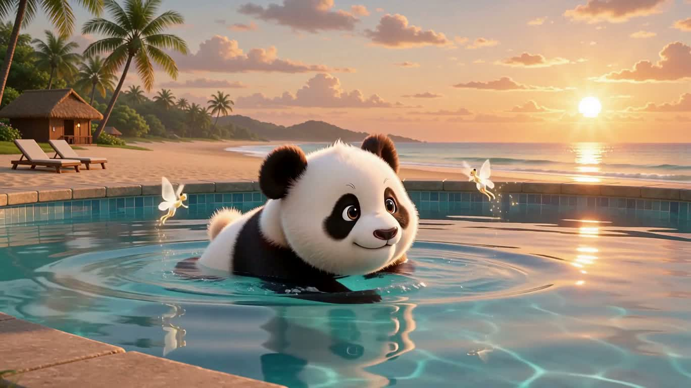 海辺の朝陽に遊ぶレッサーパンダ — AI video creation