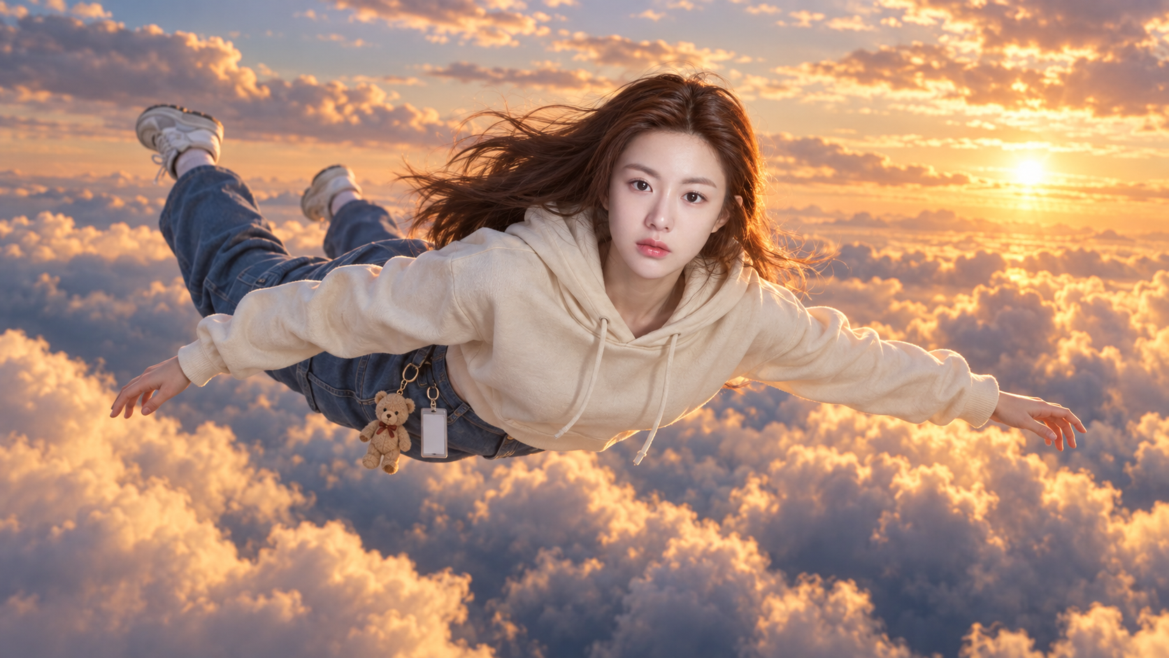 黄昏云海中的成年女性空中漂浮镜头 — AI image creation