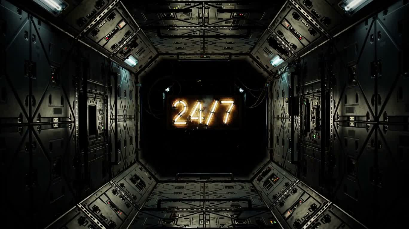 太空站黑暗中的“24/7”故障霓虹牌 — AI video creation