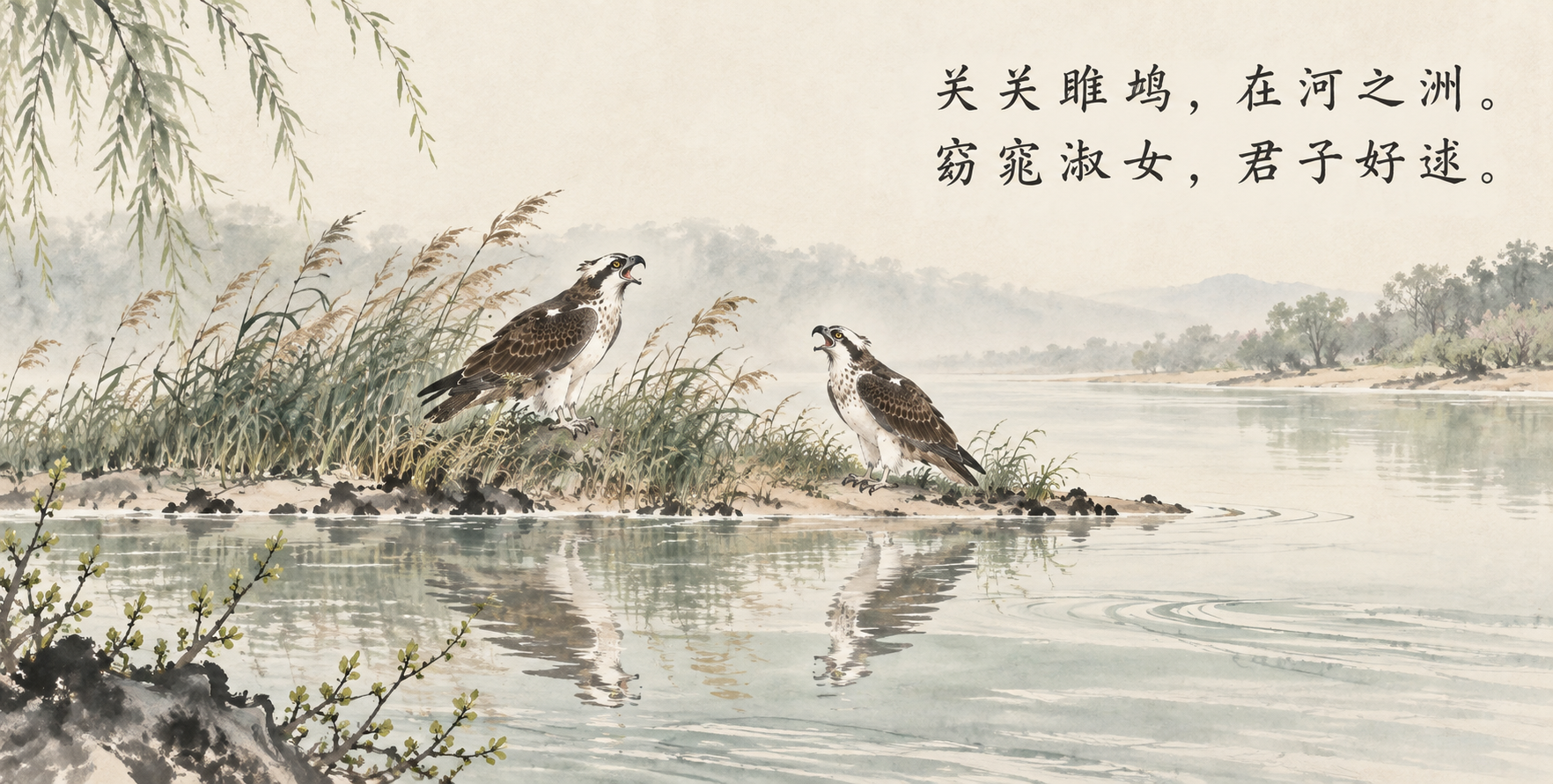 Illustration poétique classique des balbuzards sur l'île fluviale et de l'amour partagé